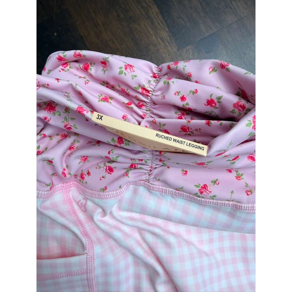 Blogilates Ruched Waist Legging Womens 3X Pink Gingham Floral High Rise NWT - Picture 4 of 8